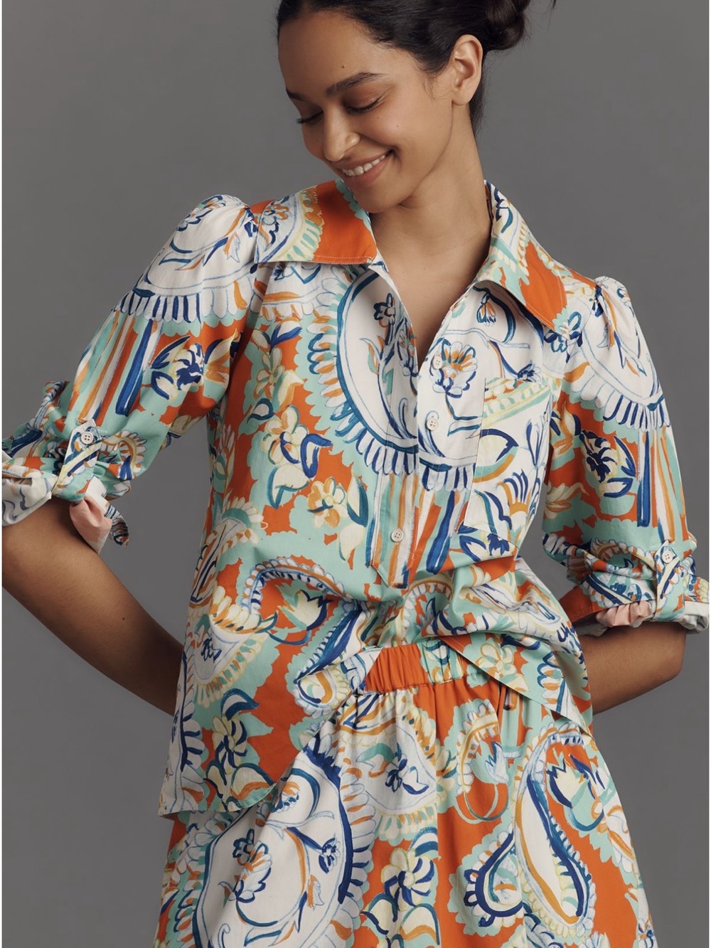 HUNTER BELL Coral & Aqua Paisley Tie-Neck Blouse